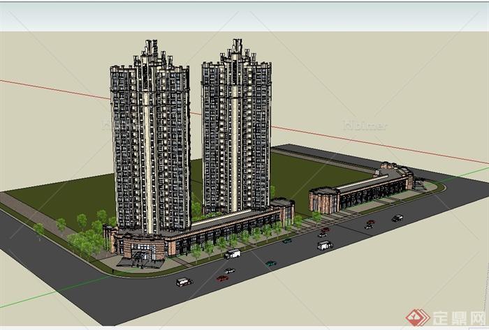 现代风格沿街高层商业住宅建筑楼设计su模型[原创