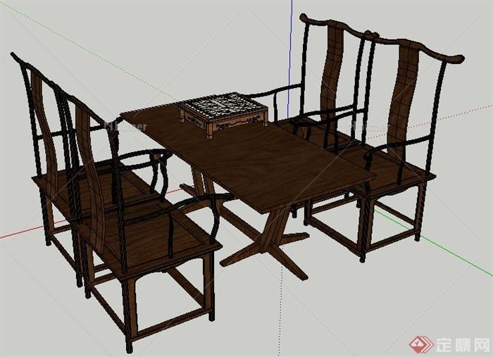 中式风格木制靠椅及木桌su模型