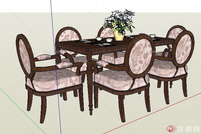 某美式风格六人座餐桌椅su模型