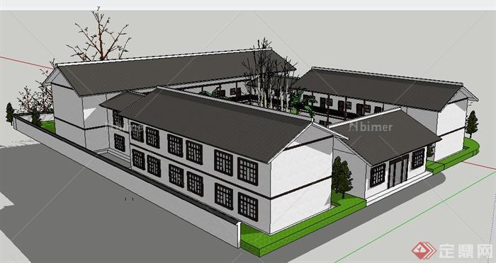 现代中式风格社区办公中心建筑设计su模型