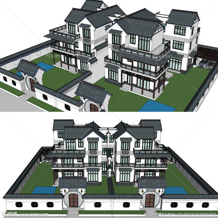 中式建筑大双拼住宅SU模型图片