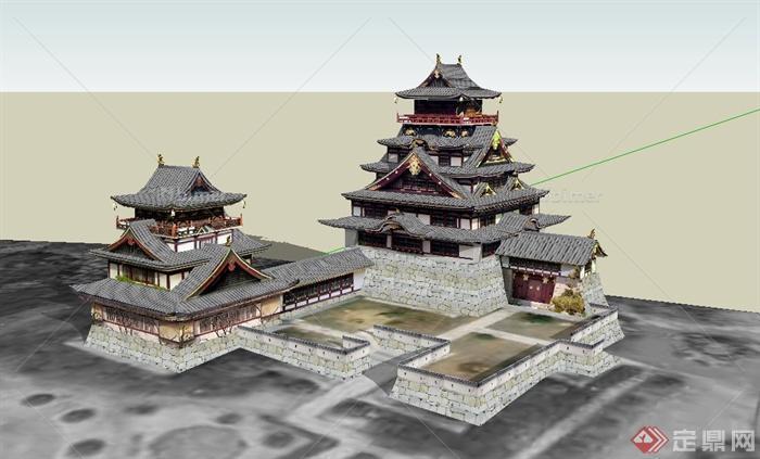 日式风格古城堡阁楼建筑设计su模型[原创]