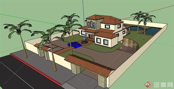 某现代庭院式别墅住宅建筑设计SU模型