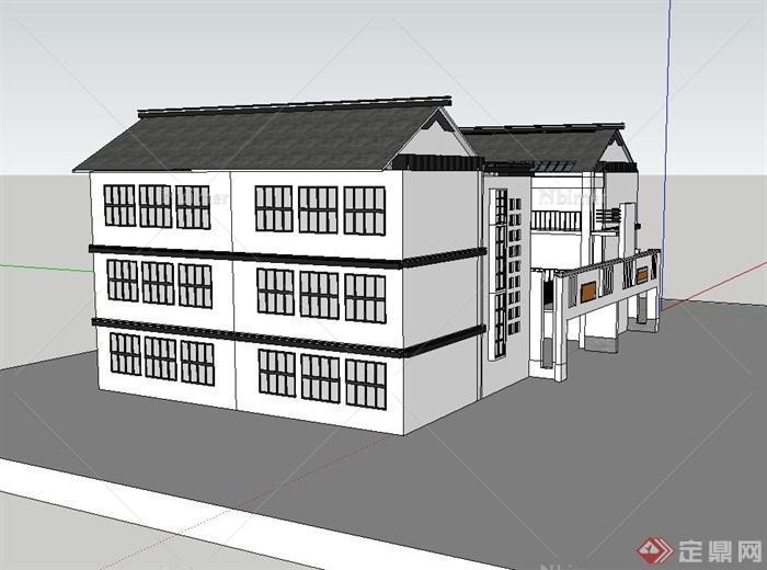 新中式风格校园教学楼建筑SU模型[原创]