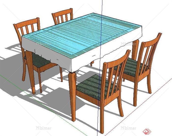 现代新中式木质四人座餐桌椅su模型