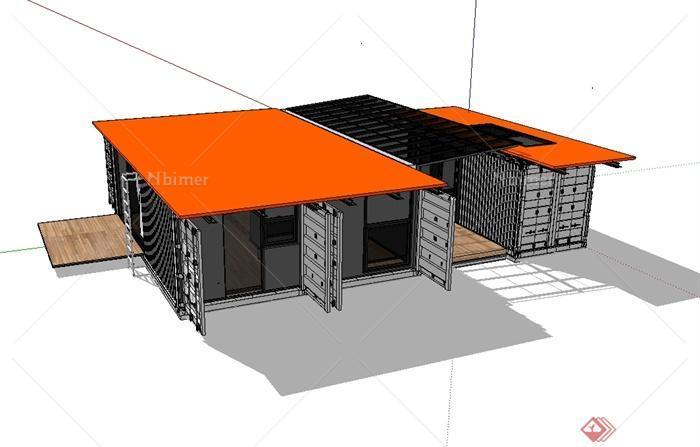 现代风格单层集装箱私人住宅建筑设计SU模型[原创