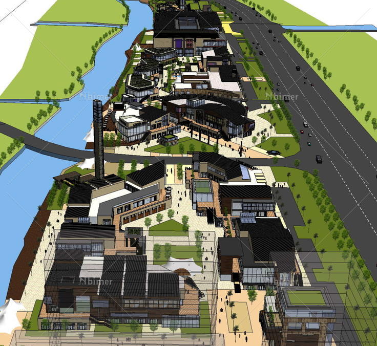 滨河商业街SketchUp模型建筑免费下载_格式:max