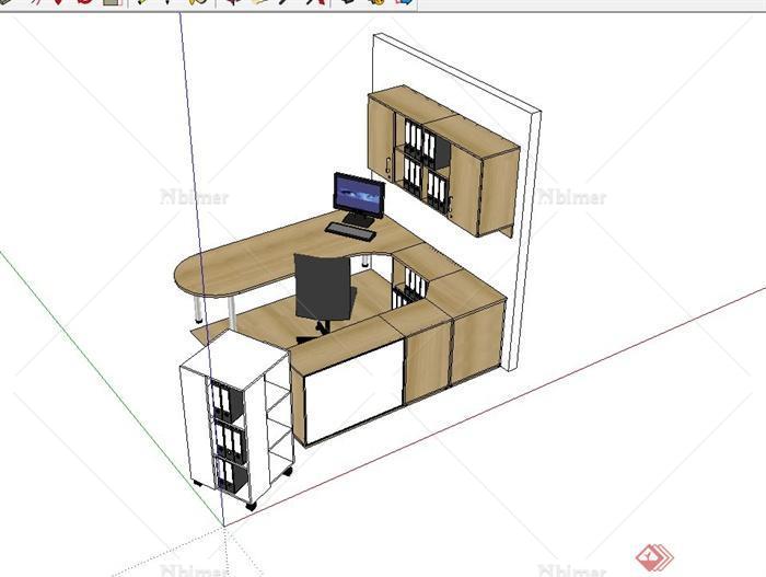 某现代室内办公空间桌椅书柜设计su模型[原创]