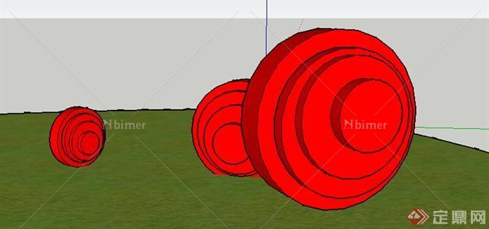 现代风格三个红色圆环雕塑小品设计SU模型