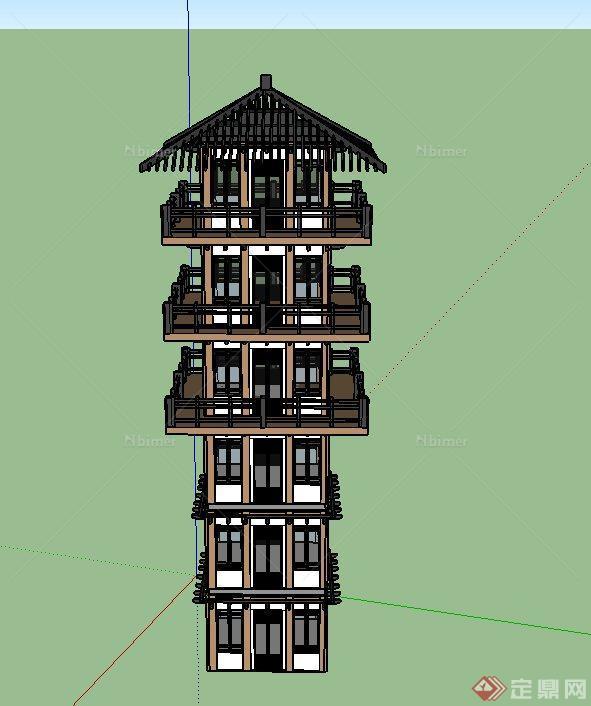 某古典中式多层方形塔楼建筑设计SU模型