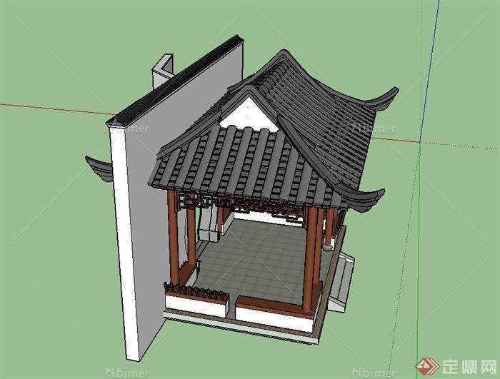 古典中式四角亭与门廊组合设计SU模型