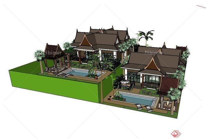 东南亚风格的度假别墅建筑设计su模型[原创]