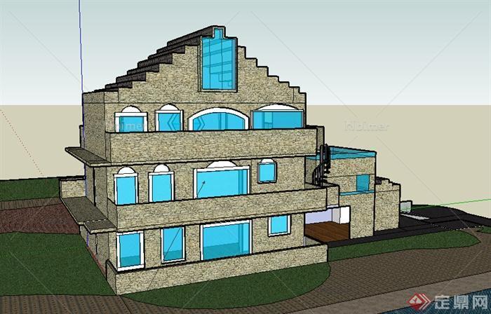 某室外3层别墅建筑设计SU模型