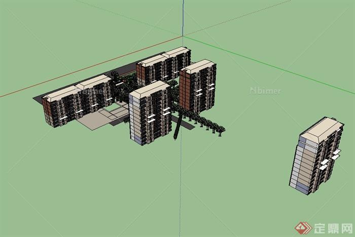 某西班牙风格小区住宅楼及小区大门设计su模型[原