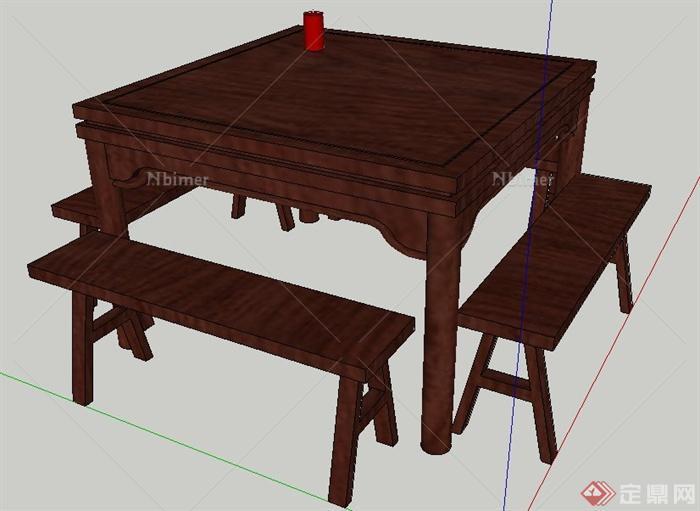 中式风格方形餐桌凳su模型