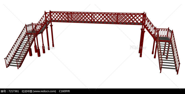 中式风格红色栏杆人行天桥SU模型