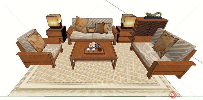 室内装饰中式风格沙发茶几家具组合su模型
