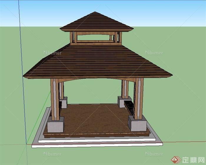 园林景观节点木质四角重檐亭子设计SU模型