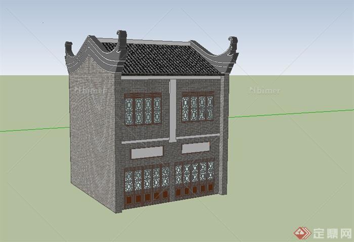 某2层古建民居设计SU模型素材