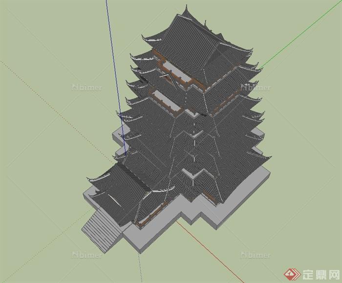 某古典中式风格多层寺庙建筑楼设计su模型[原创]