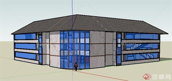 某现代风格三层办公建筑设计SU模型