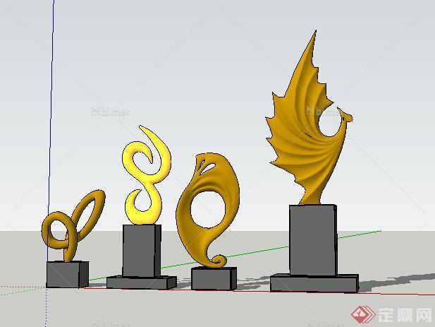 现代带基座四个金色雕塑设计SU模型
