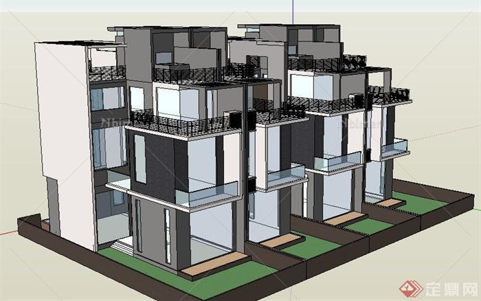 现代简约联排别墅住宅建筑设计su模型