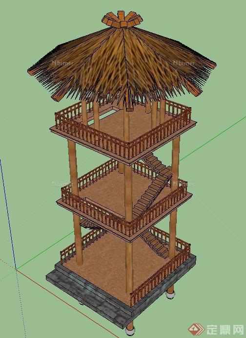 古典中式三层木质景观塔设计SU模型