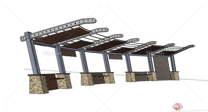 某现代钢木组合廊架设计su模型（含木质座椅）