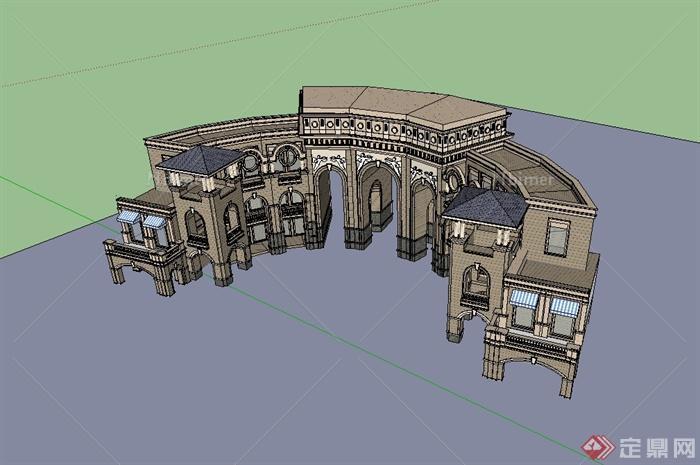 欧式风格多层入口大门建筑设计su模型[原创]