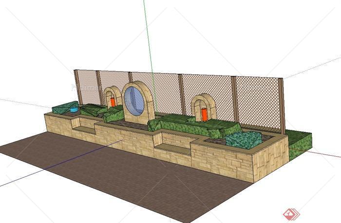 某现代风格围栏、种植池、种植池坐凳组合设计su