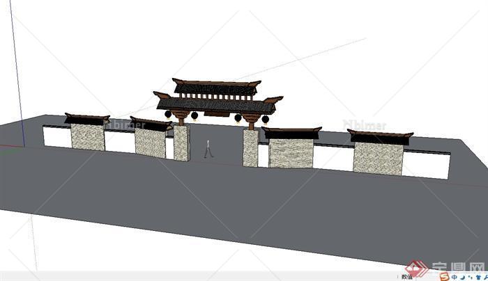 某古典中式风格围墙大门设计su模型[原创]