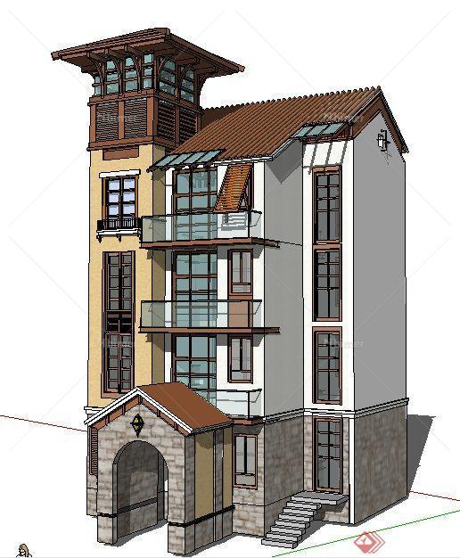 某西班牙风格四层住宅楼建筑设计su模型