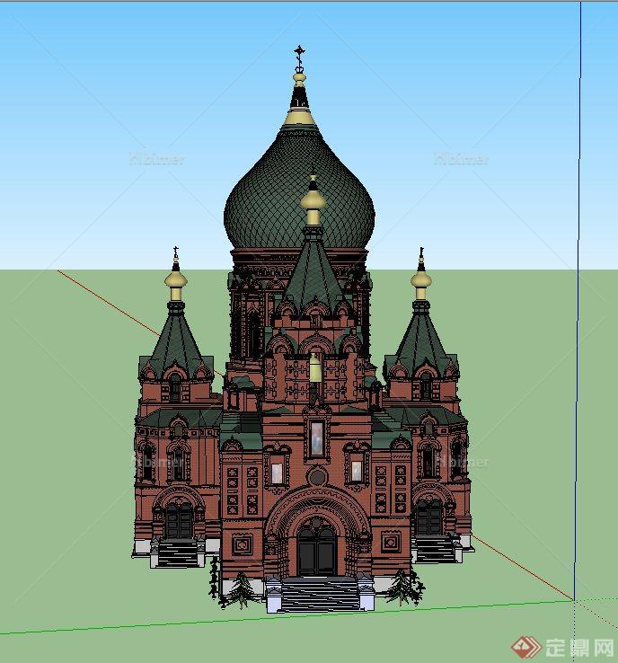 某欧式风格绿色伊斯兰教教堂建筑设计SU模型