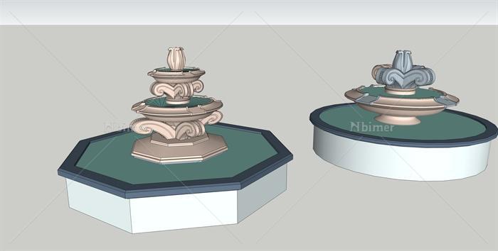 两个欧式风格喷泉绿城水钵设计su模型[原创]