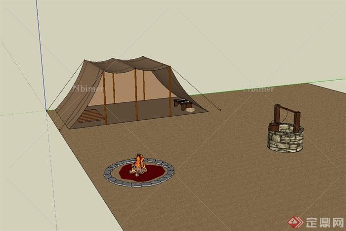 某野营帐篷、水井、火柴堆设计su模型[原创]