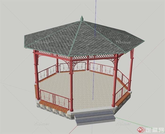 中式简约八角亭设计SU模型