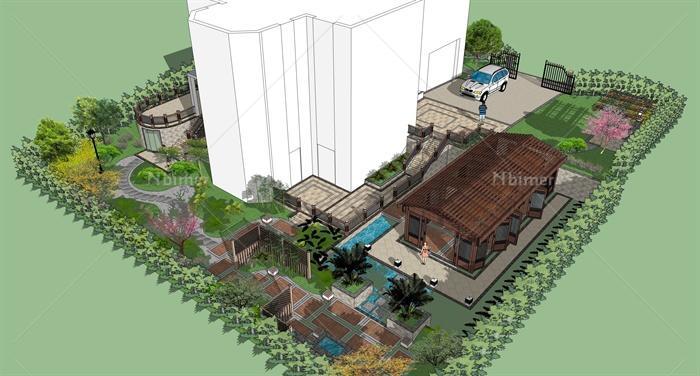 现代中式住宅庭院景观su模型