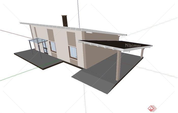 一栋单层住宅建筑设计su模型（带车棚）