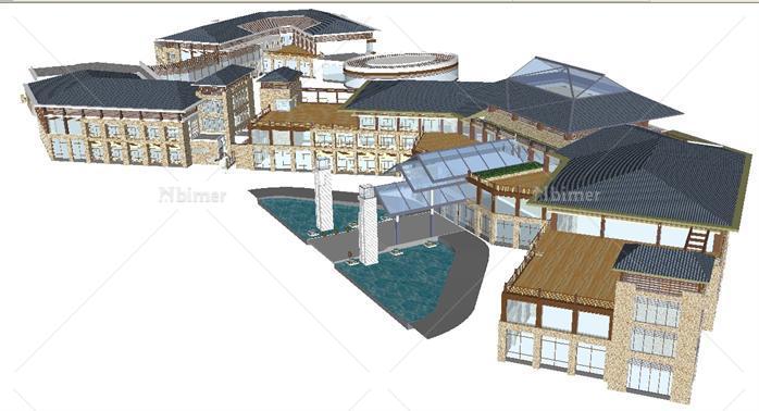 新中式别墅、联体公寓、酒店建筑设计方案SU模型