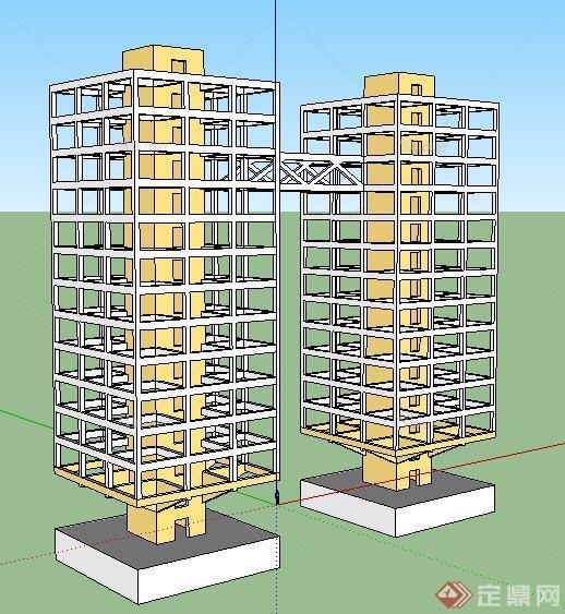 两栋高层建筑设计su框架模型