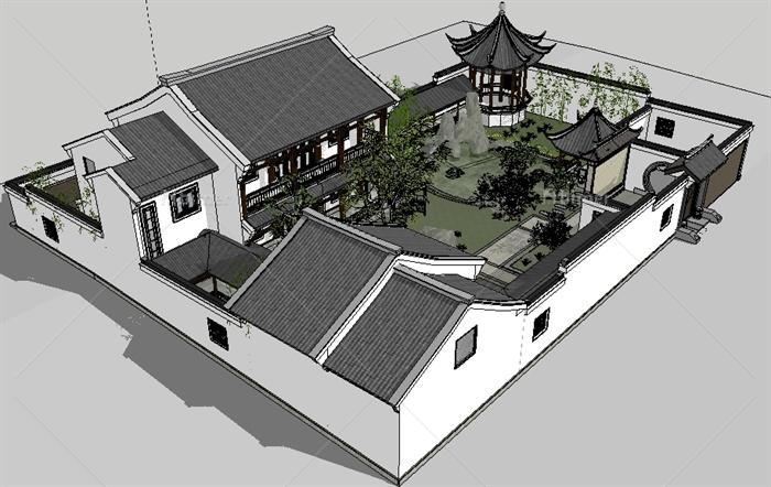 某中式小别墅建筑设计SU模型（带庭院景观）[原创