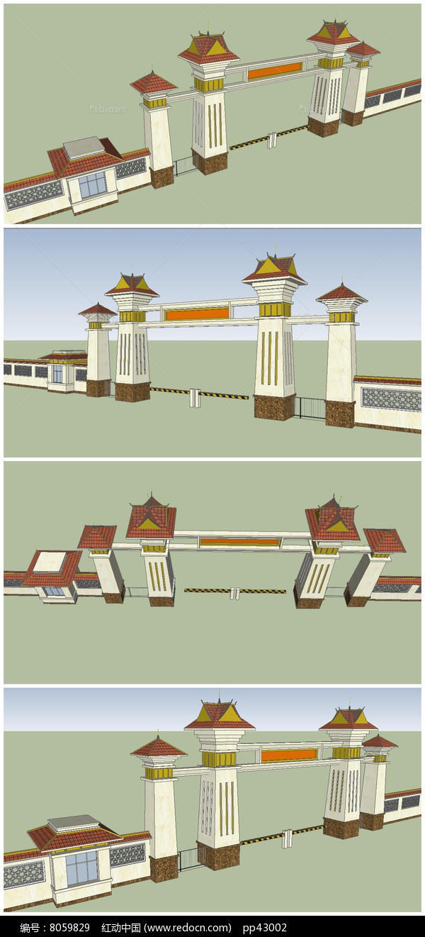 中式大门方案SU模型