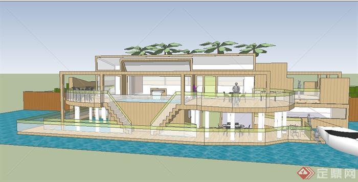 某现代流水别墅建筑设计SU模型