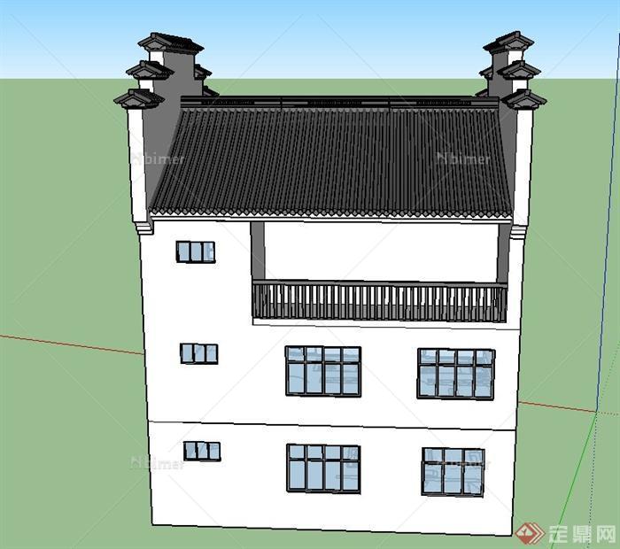 某古典中式三层庭院住宅建筑设计SU模型