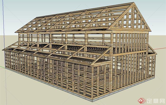 某二层建筑木制框架su模型