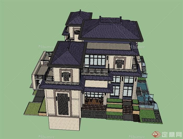 某现代别墅建筑设计su模型（含车库、庭院）
