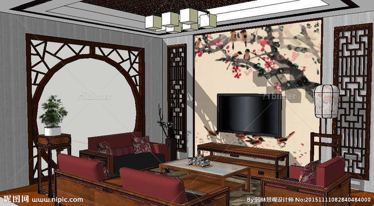中式小客厅室内草图大师SU模型图片