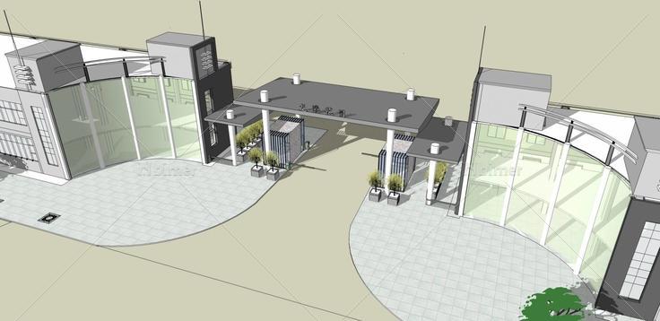 现代商业裙房及大门(35581)su模型下载