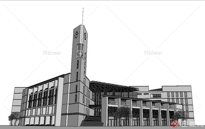 现代中式风格大学图书馆建筑设计su模型
